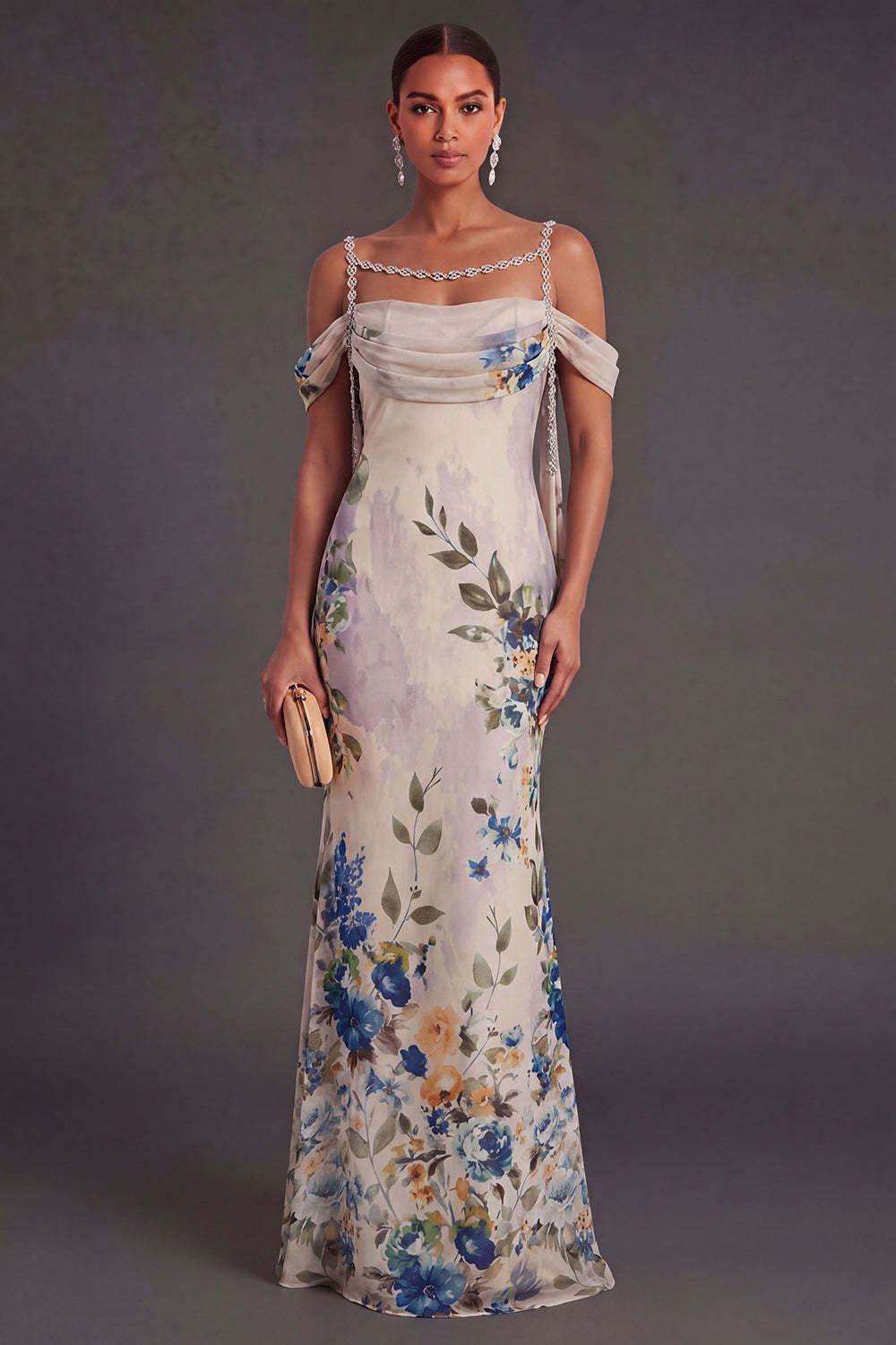 Leely Women Black Floral Mermaid Cold Shoulder Long Formal Dress Backless Sleeveless Garden Party Dress