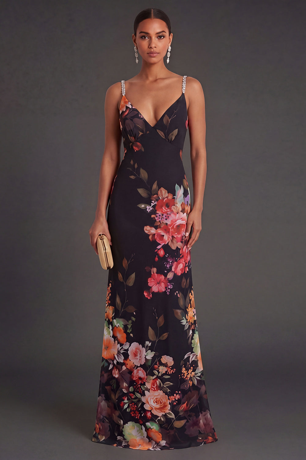 Leely Women Black Mermaid Sleeveless Floral Long Formal Dress Spaghetti Straps Backless Wedding Guest Dress