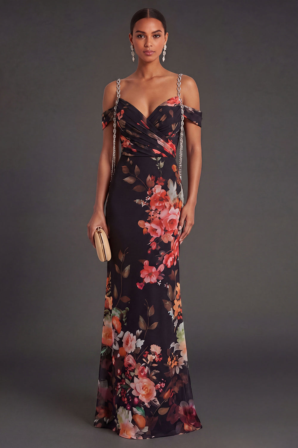 Leely Women Floral Black Mermaid Cold Shoulder Long Formal Dress Backless Sleeveless Wedding Guest Dress