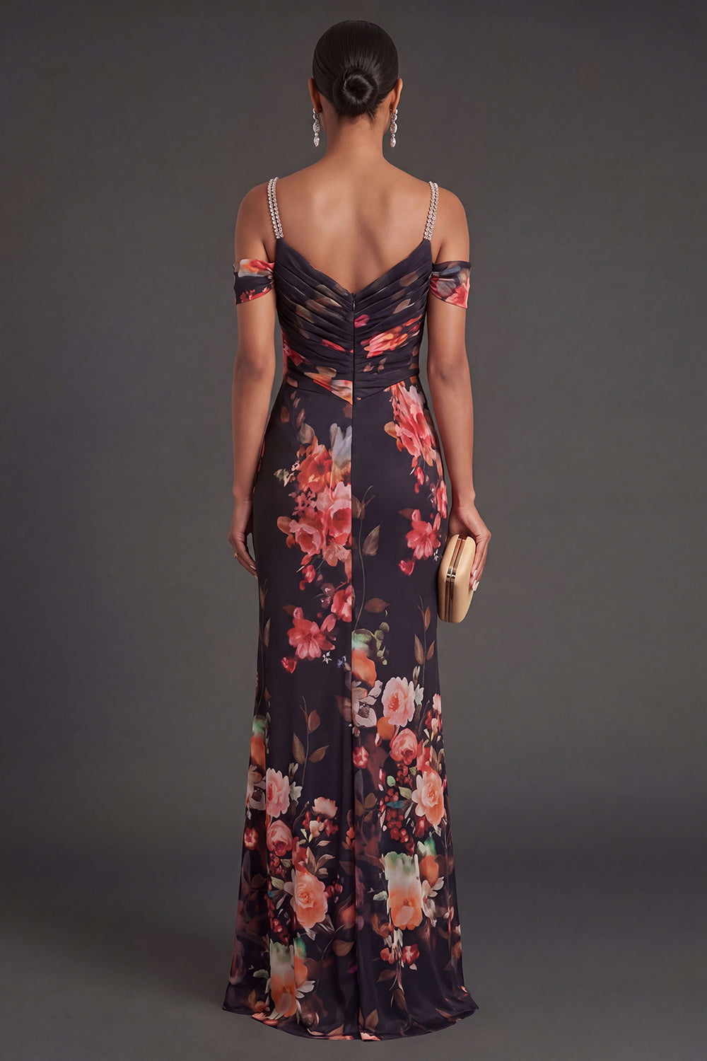 Floral Black Mermaid Cold Shoulder Long Formal Dress