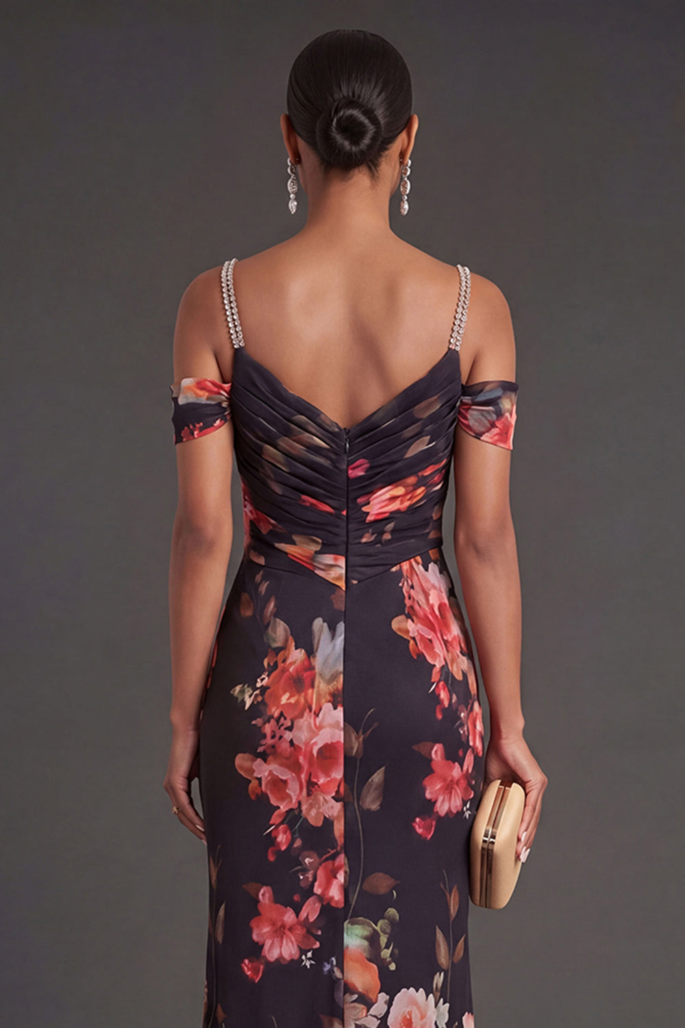 Floral Black Mermaid Cold Shoulder Long Formal Dress