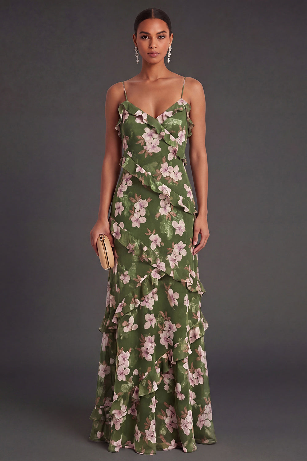 Leely Women Dark Green Floral Ruffled Long Formal Dress A Line Ruffled Spaghetti Straps Wedding Guest Dress