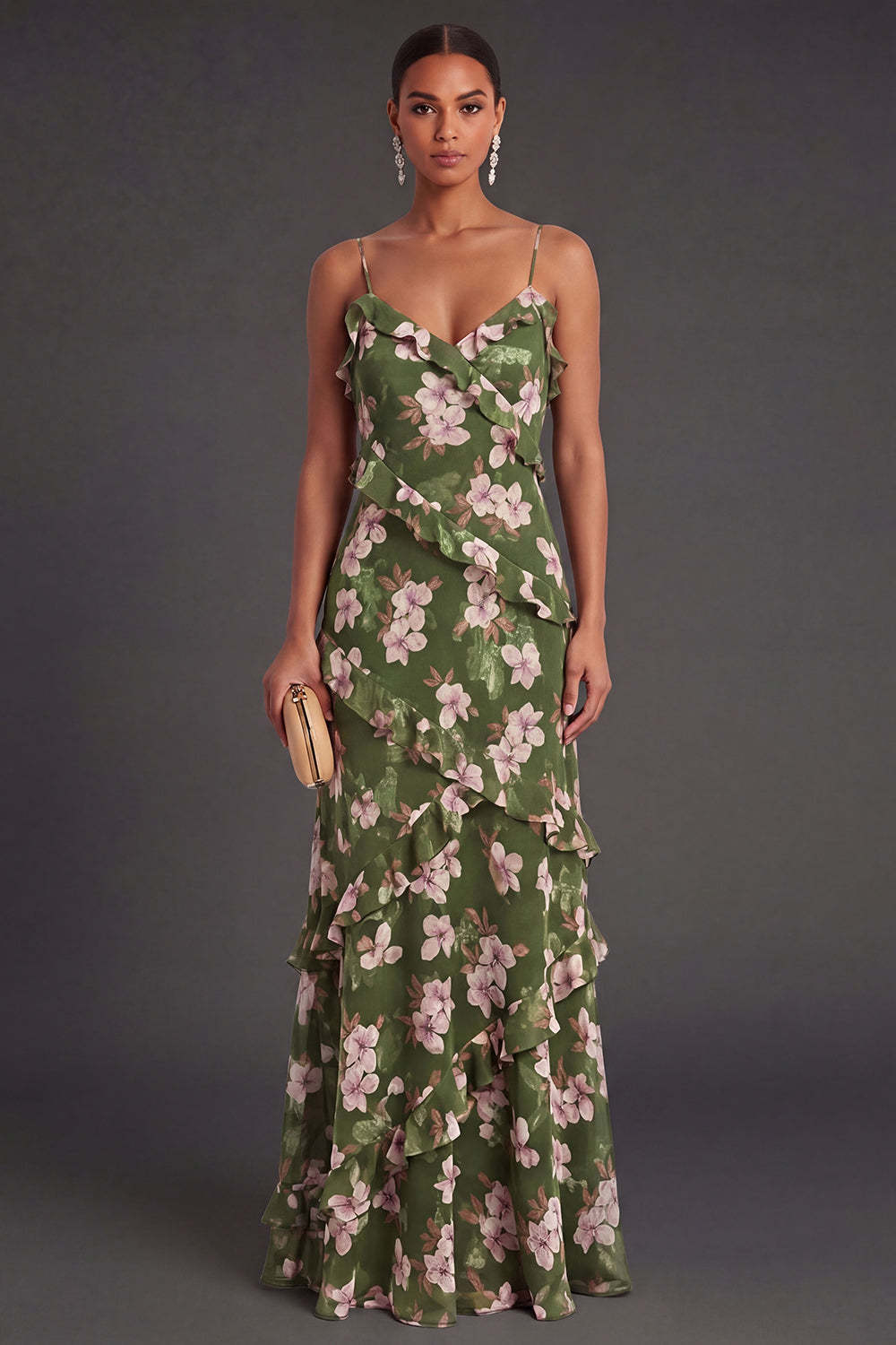 Leely Women Dark Green Floral Ruffled Long Formal Dress A Line Ruffled Spaghetti Straps Wedding Guest Dress