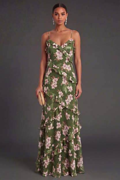 Leely Women Dark Green Floral Ruffled Long Formal Dress A Line Ruffled Spaghetti Straps Wedding Guest Dress