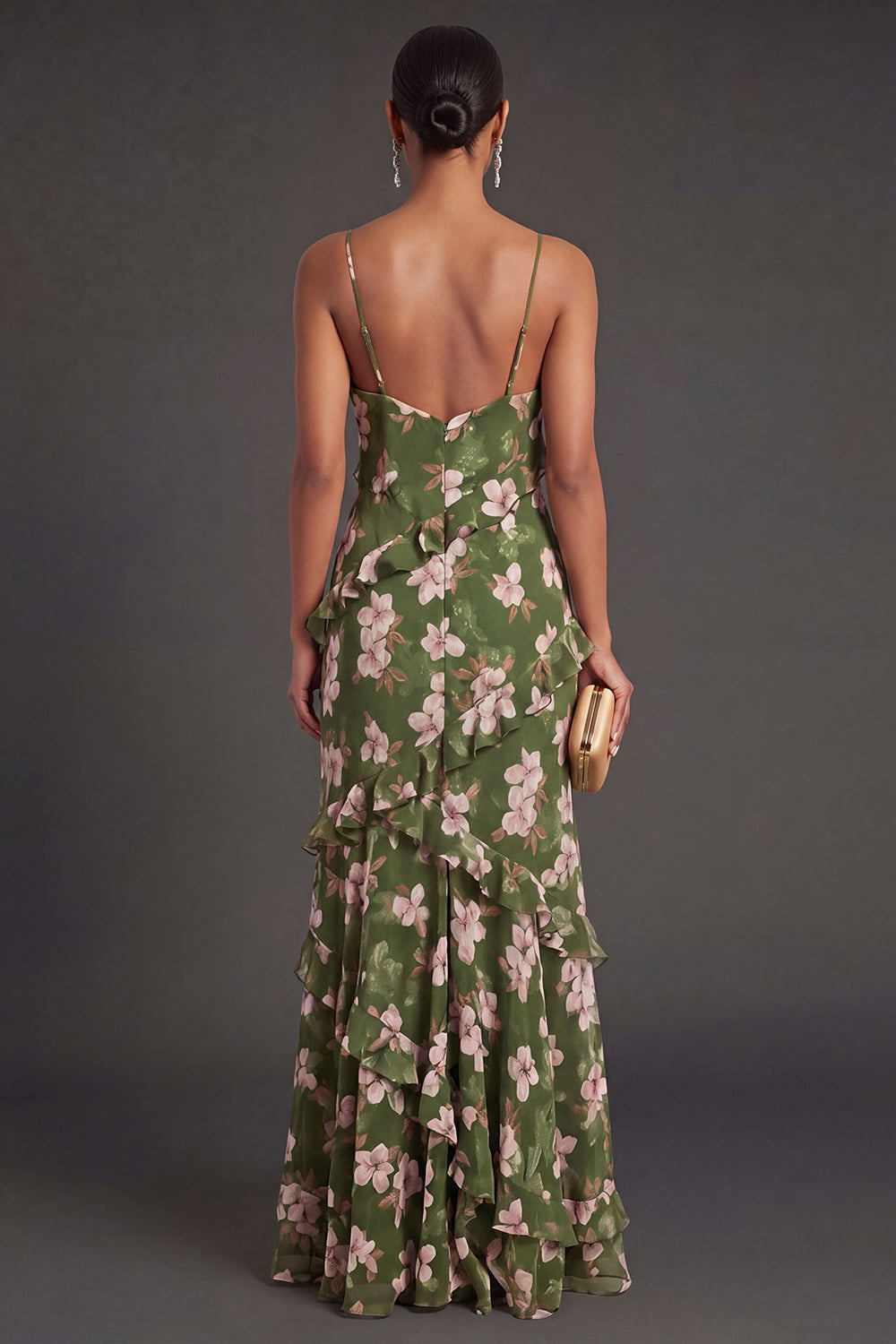 Dark Green Floral Ruffled Long Formal Dress