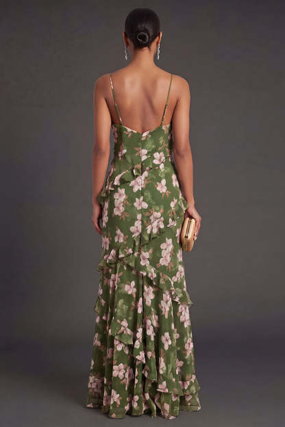 Dark Green Floral Ruffled Long Formal Dress