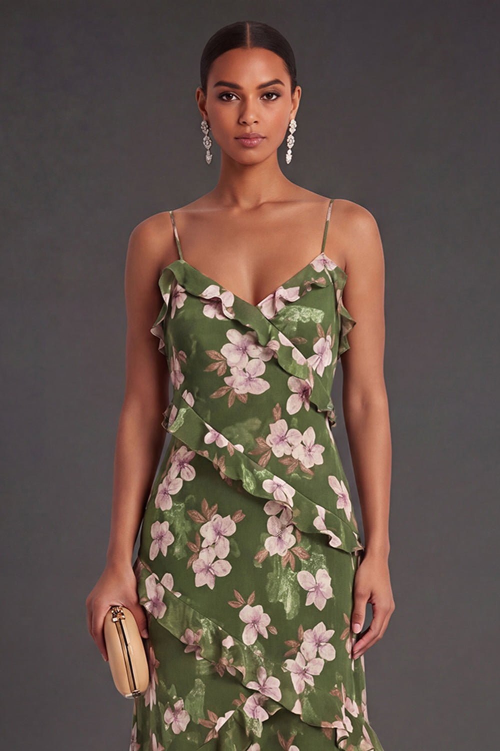 Dark Green Floral Ruffled Long Formal Dress
