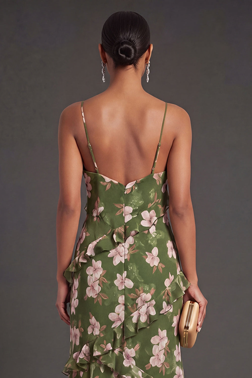 Dark Green Floral Ruffled Long Formal Dress