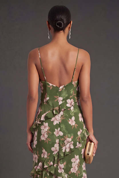 Dark Green Floral Ruffled Long Formal Dress