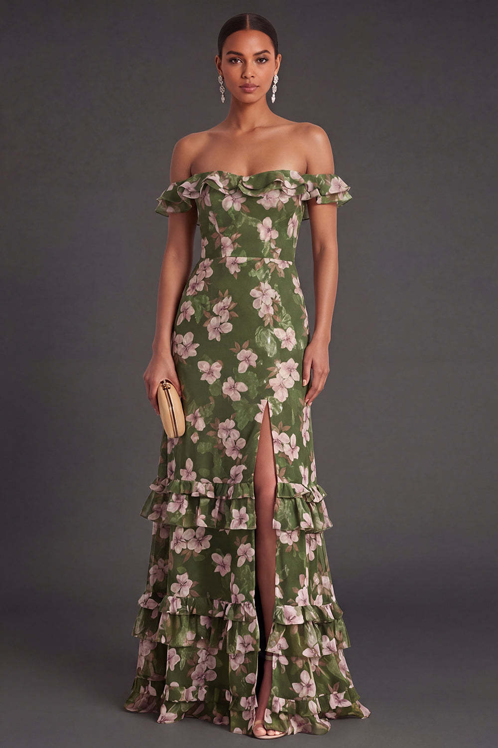 Leely Women A Line Dark Green Floral Ruffled Long Formal Dress with Slit Off the Shoulder Backless Garden Party Dress