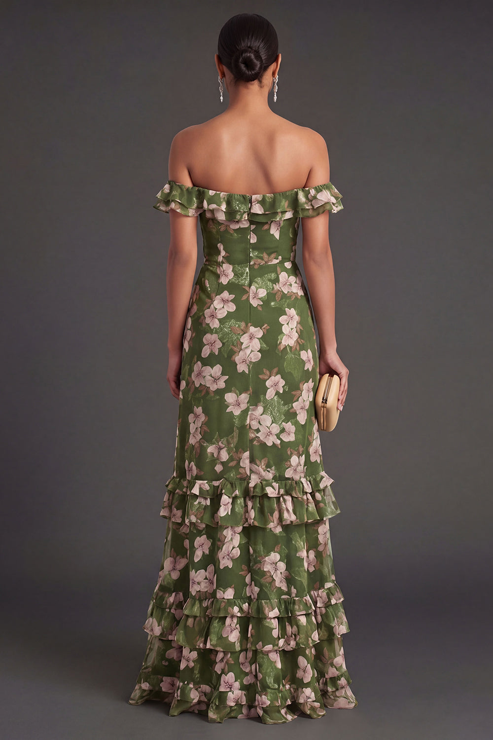 A Line Dark Green Floral Ruffled Long Formal Dress with Slit