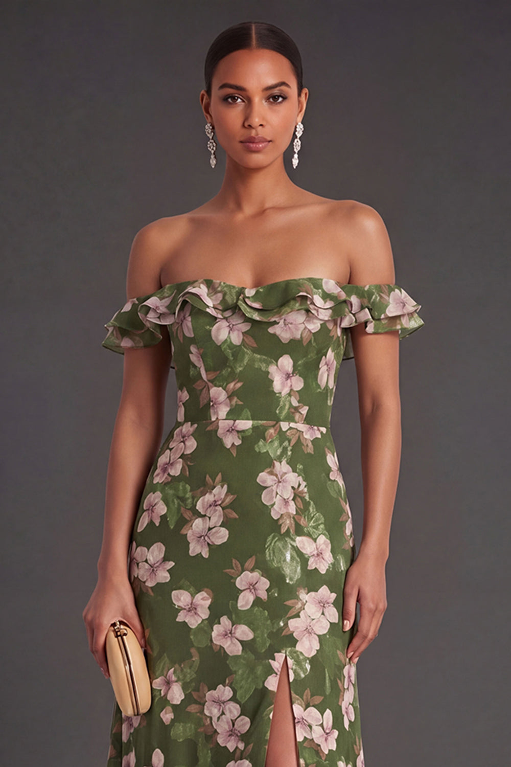 A Line Dark Green Floral Ruffled Long Formal Dress with Slit