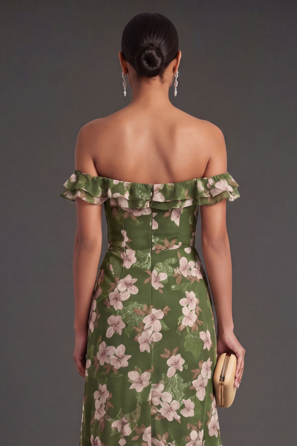 A Line Dark Green Floral Ruffled Long Formal Dress with Slit