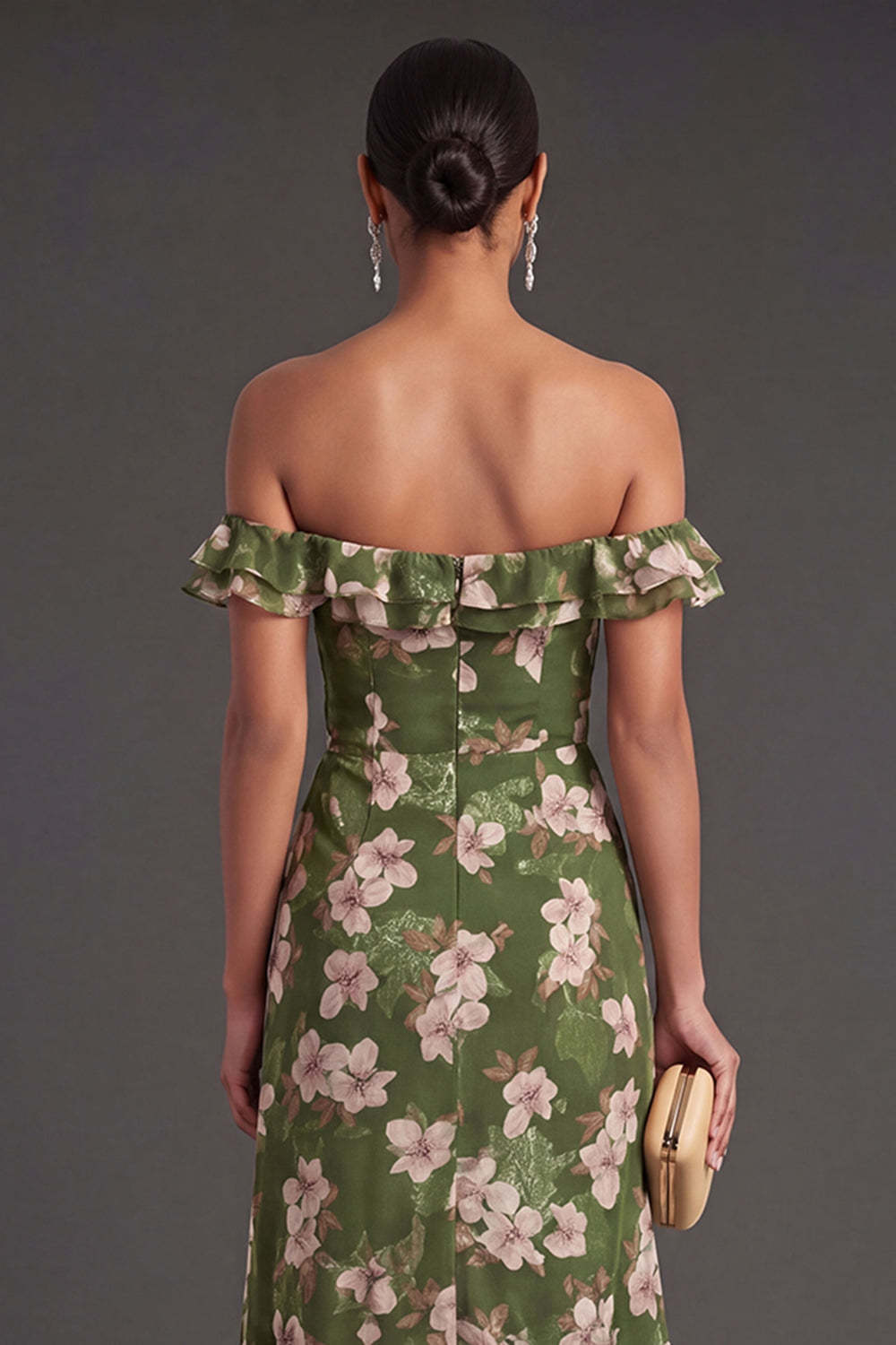A Line Dark Green Floral Ruffled Long Formal Dress with Slit