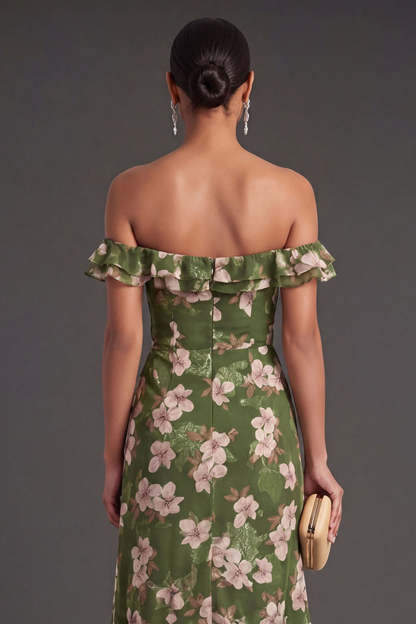 A Line Dark Green Floral Ruffled Long Formal Dress with Slit