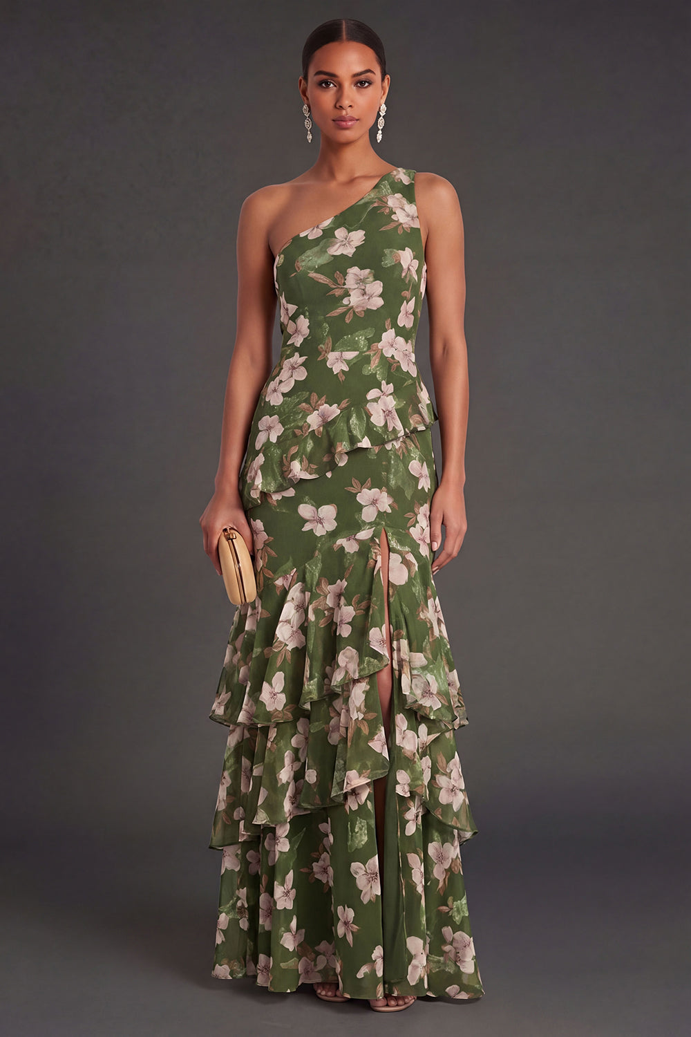 Leely Women A Line Dark Green Floral Ruffled Long Formal Dress with Slit One the Shoulder Backless Garden Party Dress