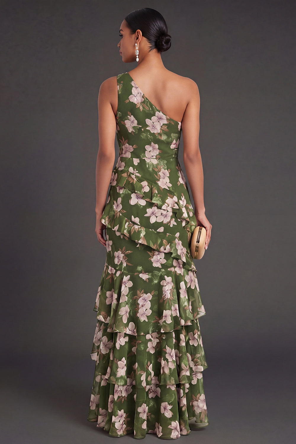 One Shoulder Dark Green Floral Ruffled Long Formal Dress with Slit
