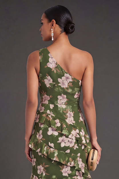One Shoulder Dark Green Floral Ruffled Long Formal Dress with Slit