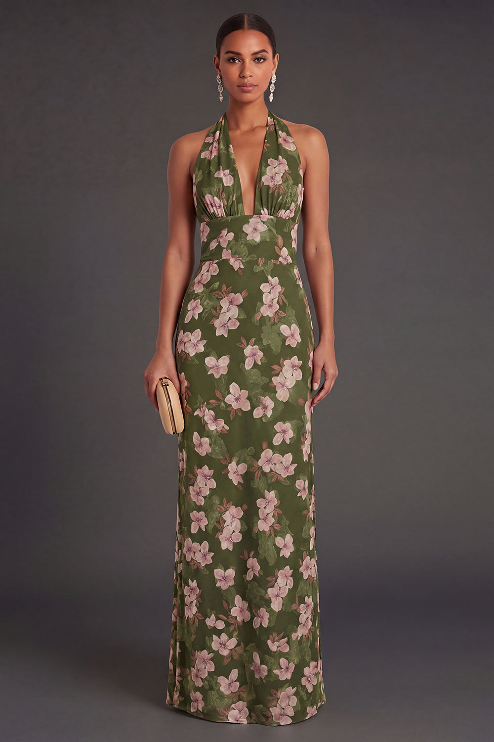 Dark Green Floral Sheath Long Formal Dress