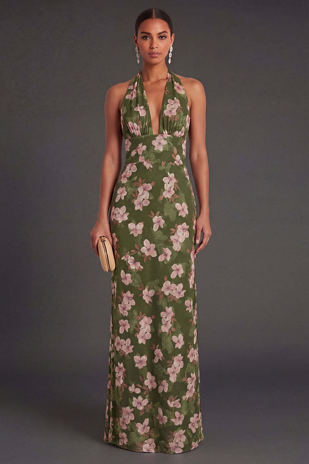 Leely Women Dark Green Floral Sheath Long Formal Dress Halter Neck Backless Garden Party Dress