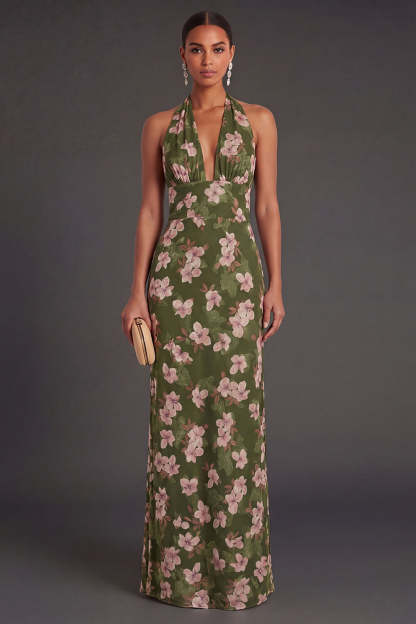 Leely Women Dark Green Floral Sheath Long Formal Dress Halter Neck Backless Garden Party Dress