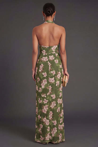 Dark Green Floral Sheath Long Formal Dress