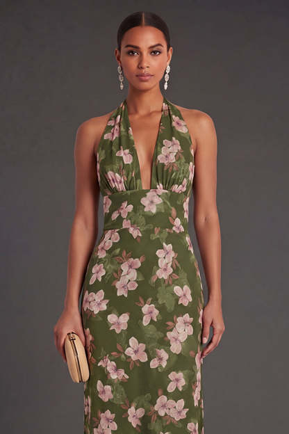 Dark Green Floral Sheath Long Formal Dress