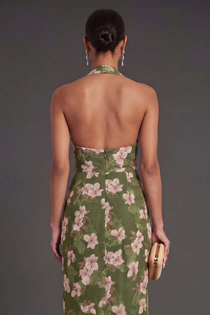 Dark Green Floral Sheath Long Formal Dress