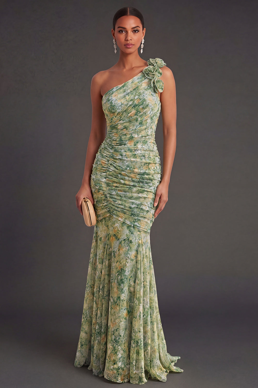 Leely Women Mermaid Floral Dusty Green One Shoulder Long Formal Dress Backless Sleeveless Garden Party Dress