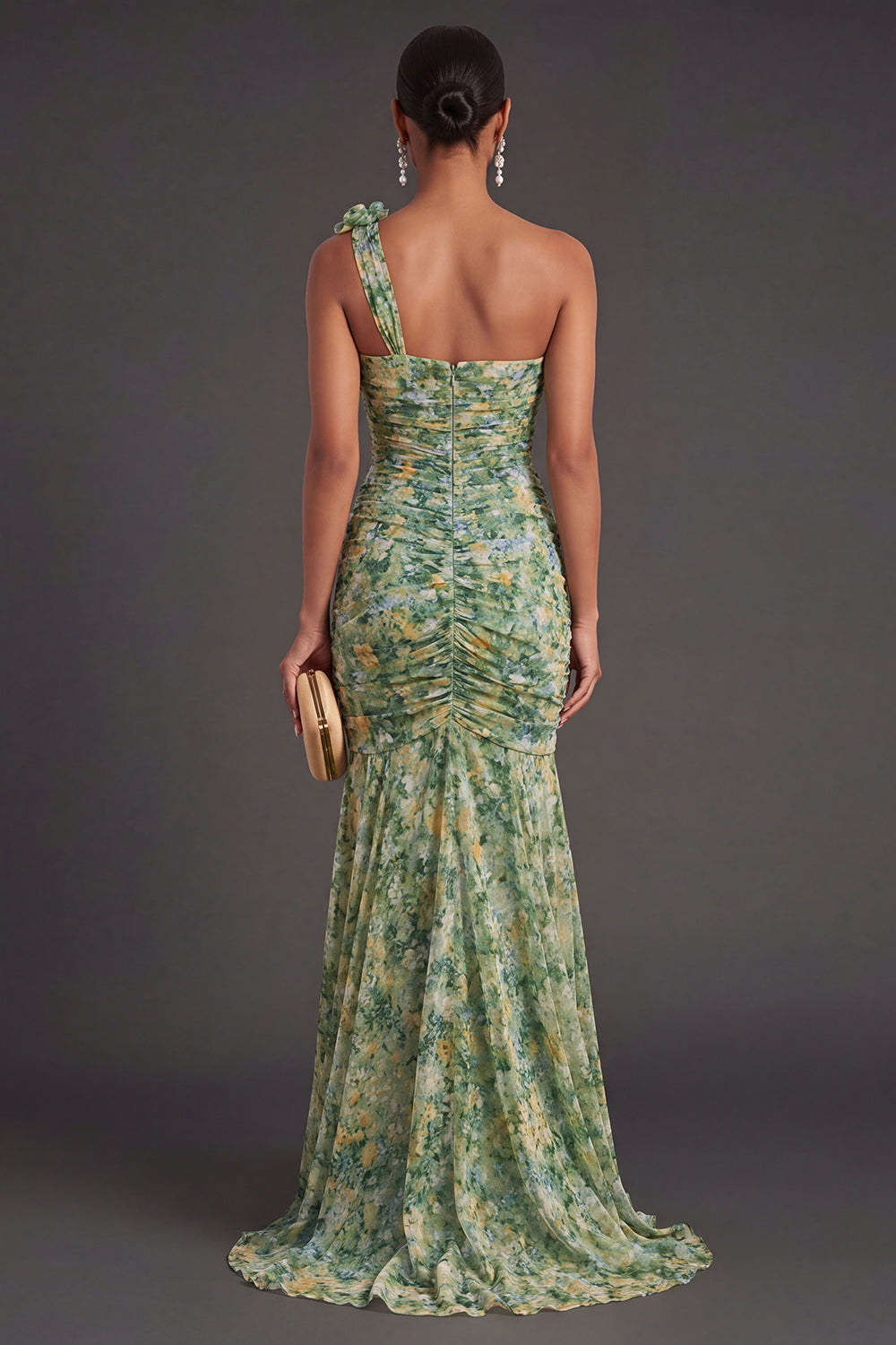 Mermaid Floral Dusty Green One Shoulder Long Formal Dress