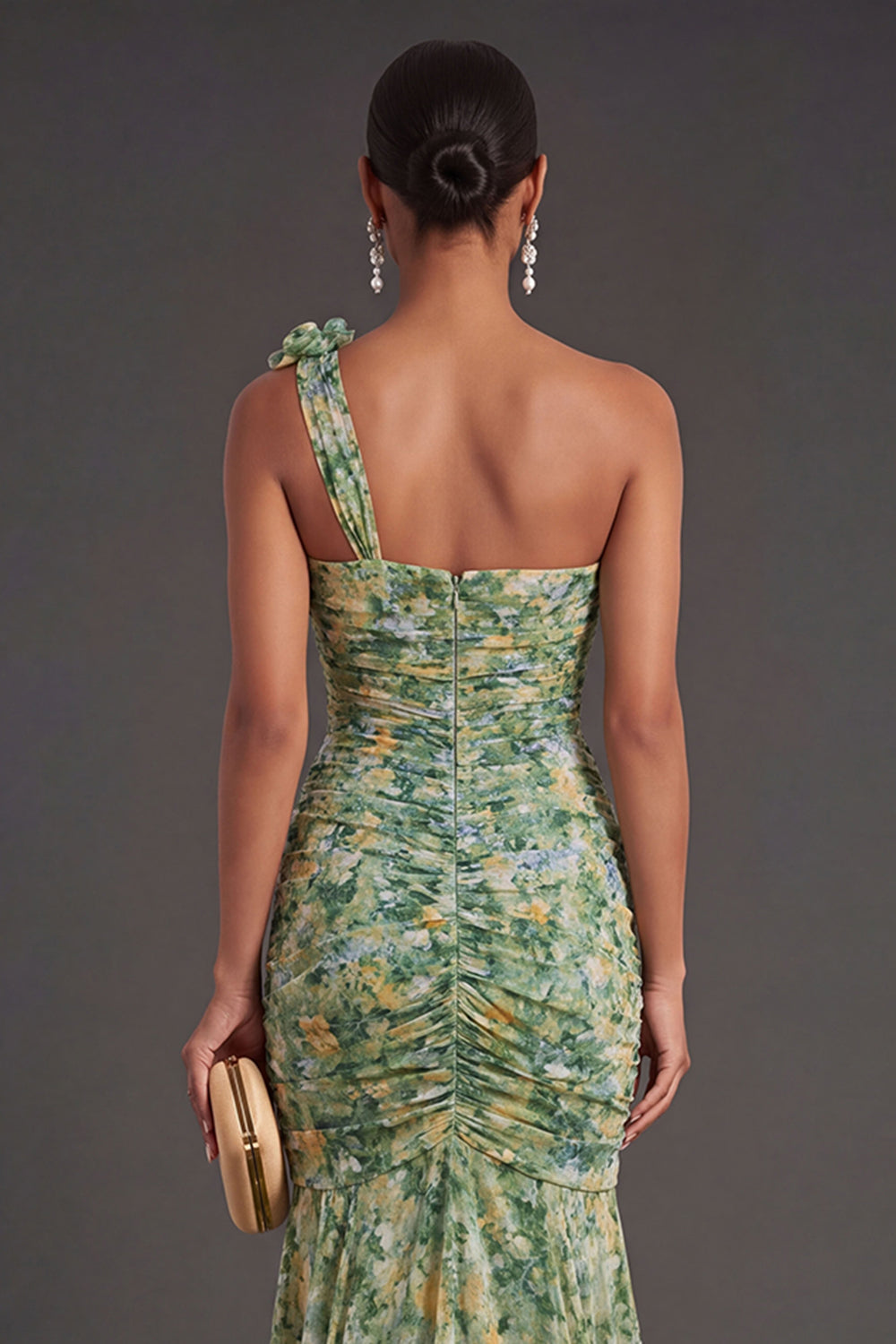 Mermaid Floral Dusty Green One Shoulder Long Formal Dress