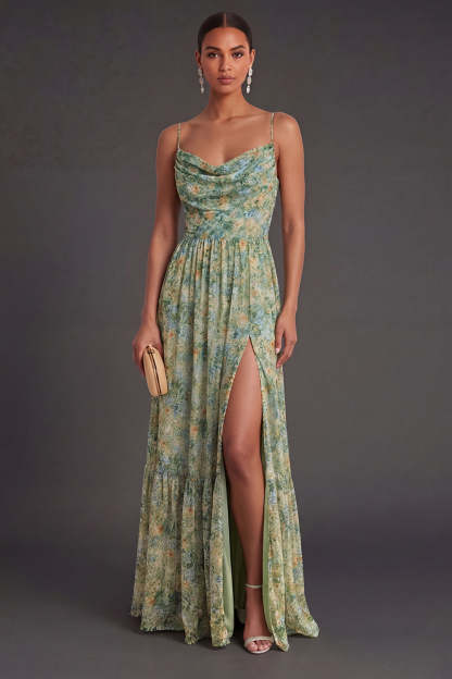 Leely Women A Line Floral Dusty Green Long Formal Dress with Slit Spaghetti Straps Sleeveless Backless Garden Party Dress
