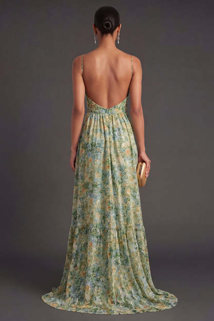 A Line Floral Dusty Green Long Formal Dress with Slit
