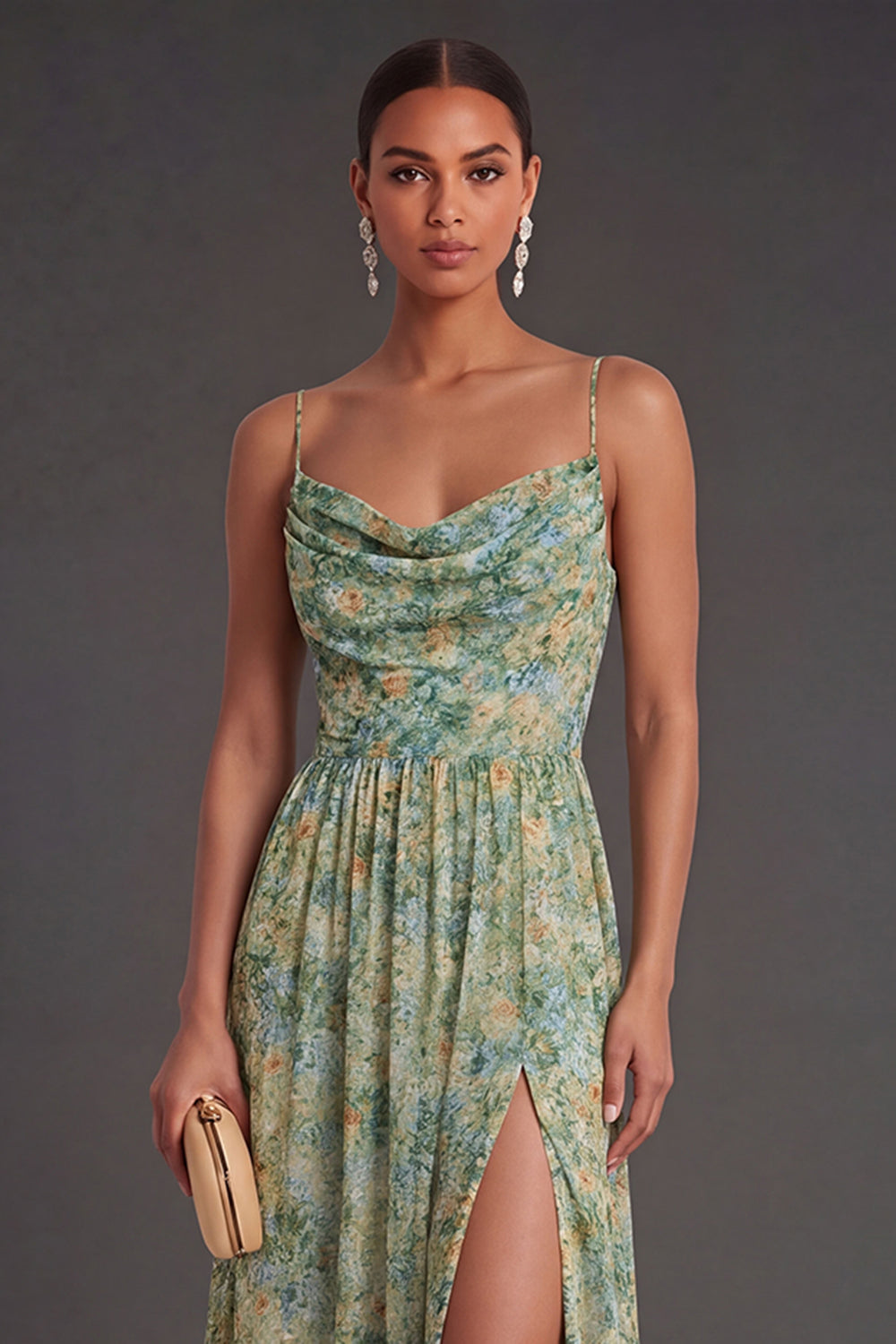 A Line Floral Dusty Green Long Formal Dress with Slit