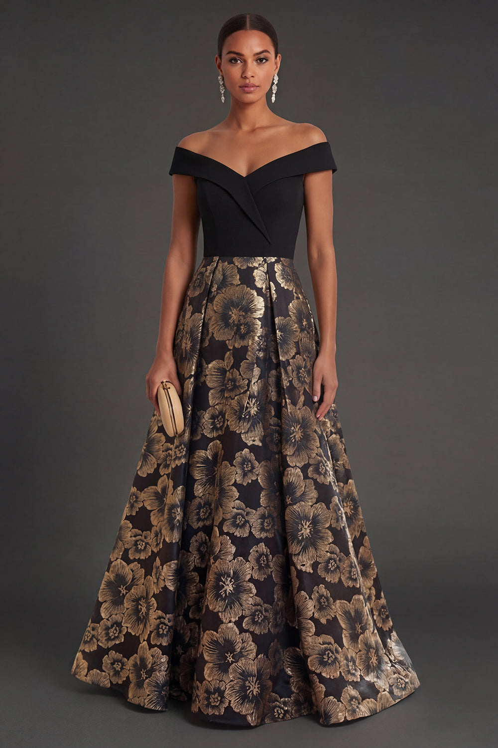 Leely Women Black Floral A Line Off the Shoulder Long Formal Dress Backless Sleeveless Evening Dress