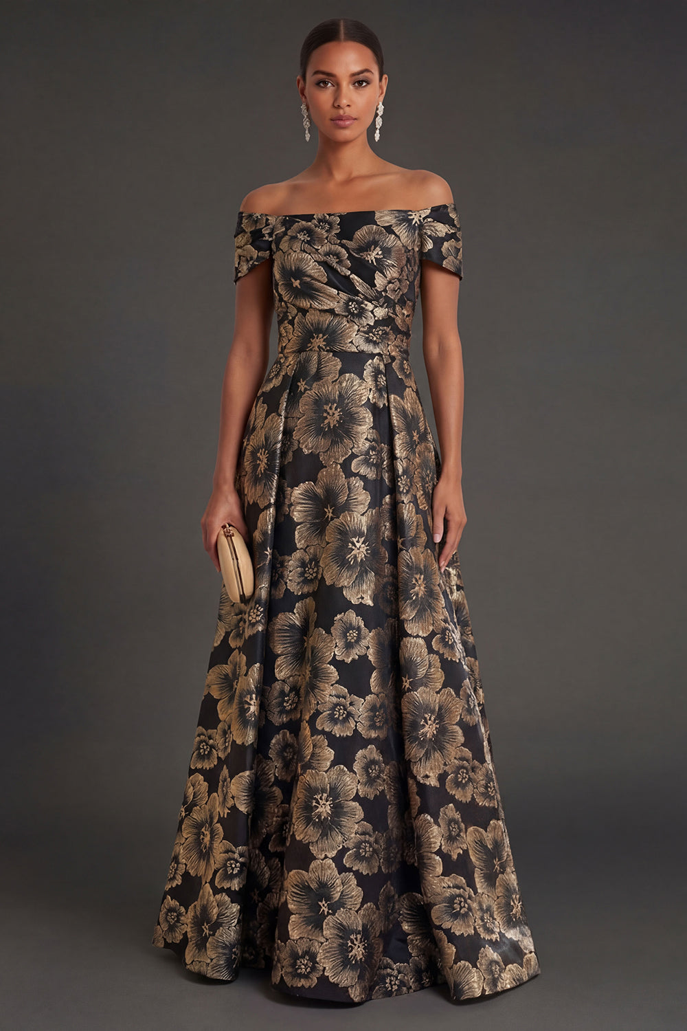 Leely Women Black Floral A Line Ruched Long Formal Dress Backless Sleeveless Evening Dress