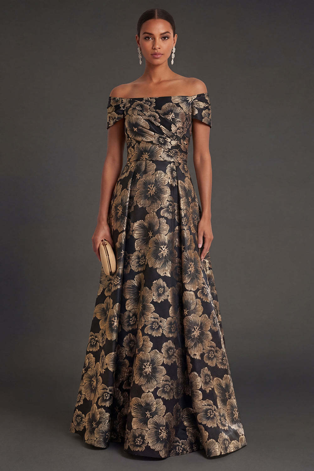 Leely Women Black Floral A Line Ruched Long Formal Dress Backless Sleeveless Evening Dress