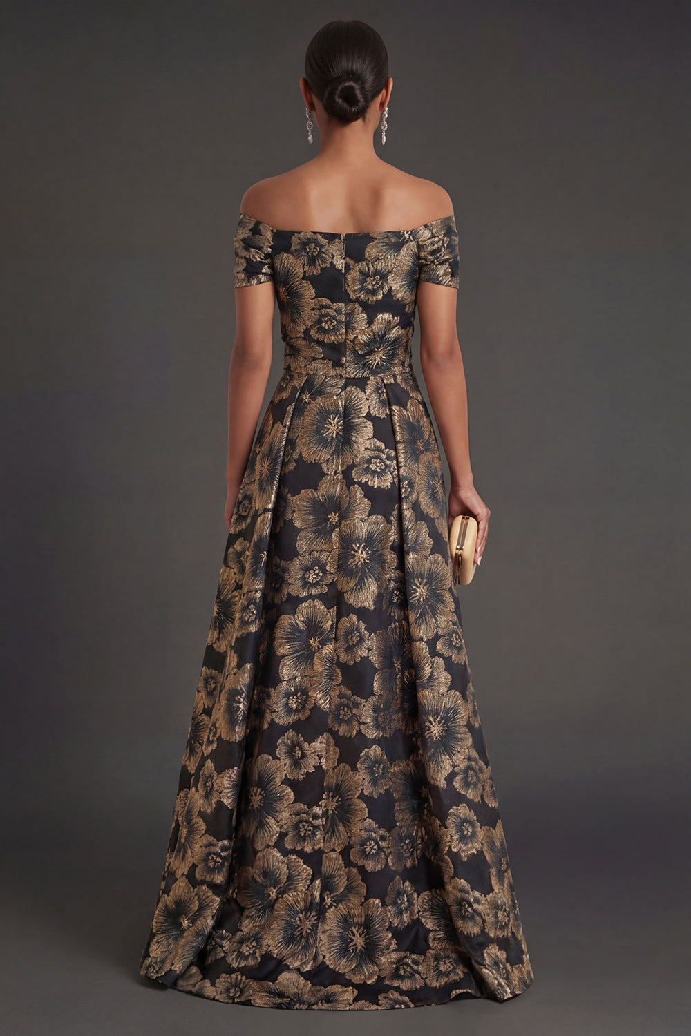 Black Floral A Line Ruched Long Formal Dress