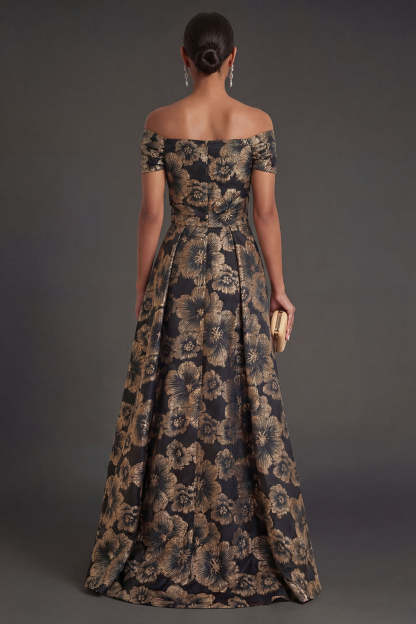 Black Floral A Line Ruched Long Formal Dress
