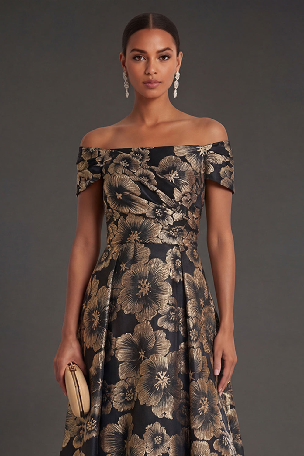 Black Floral A Line Ruched Long Formal Dress