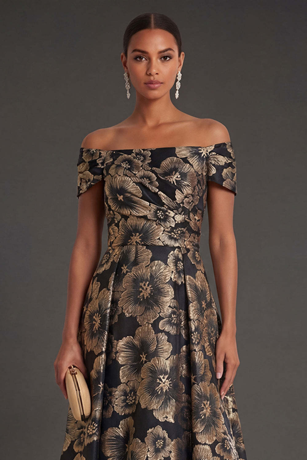 Black Floral A Line Ruched Long Formal Dress
