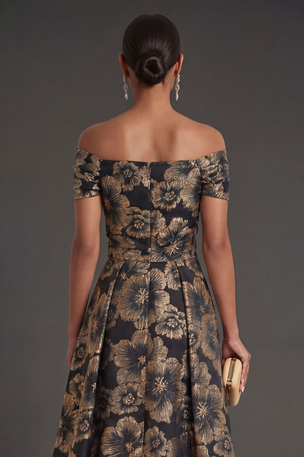 Black Floral A Line Ruched Long Formal Dress