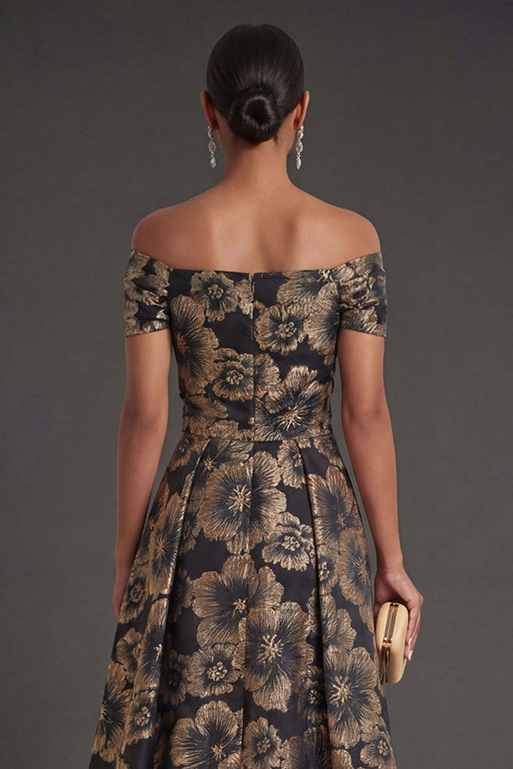 Black Floral A Line Ruched Long Formal Dress