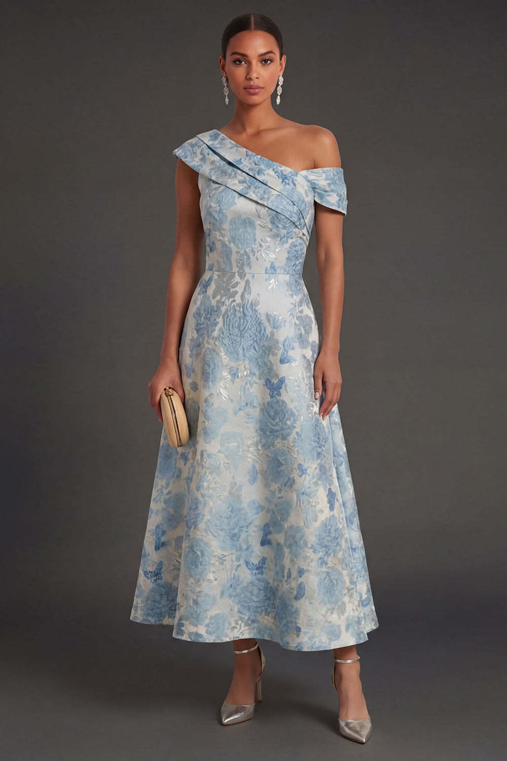 Leely Women Blue Floral Jacquard One Shoulder Long Formal Dress Backless Ruched Sleeveless Gala Dress
