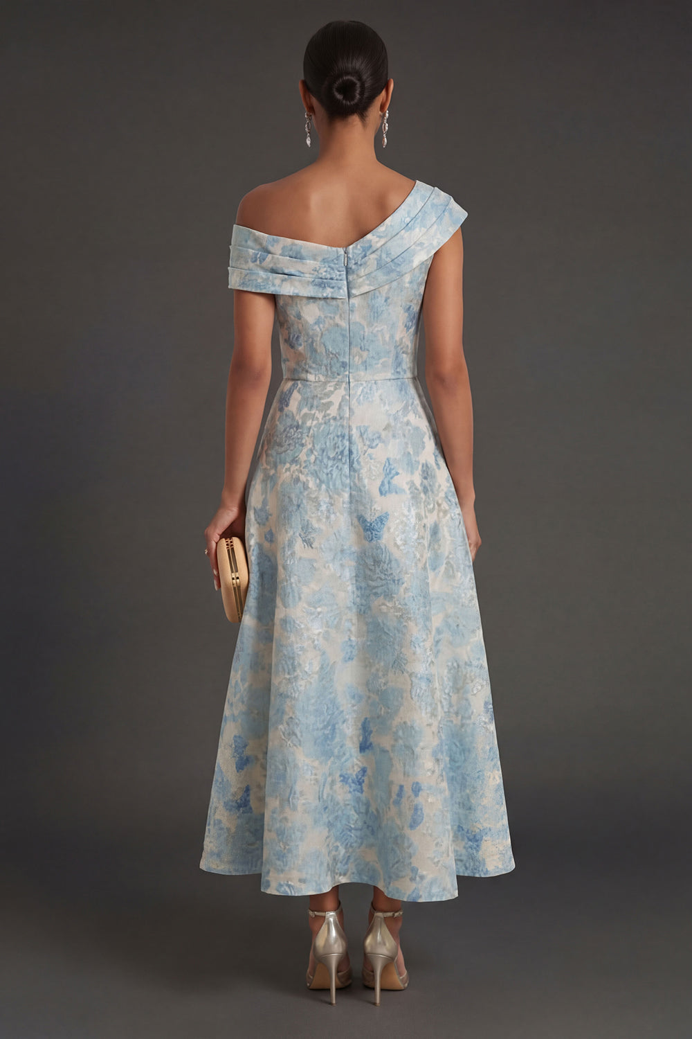 Blue Floral Jacquard One Shoulder Long Formal Dress