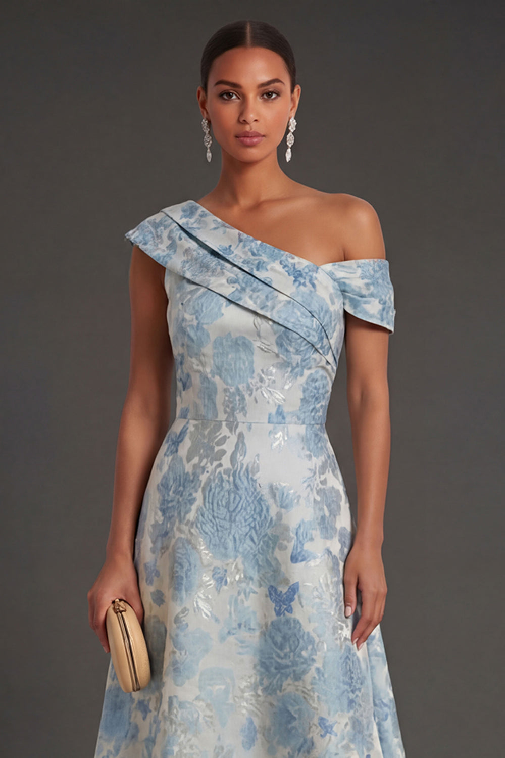 Blue Floral Jacquard One Shoulder Long Formal Dress