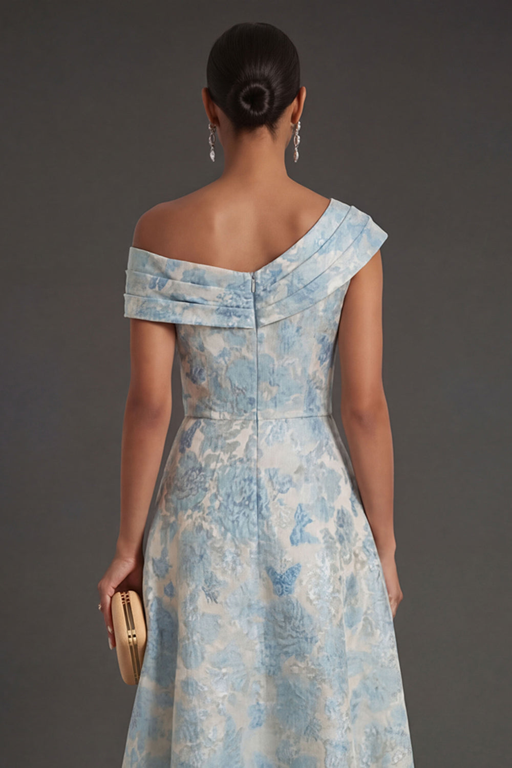 Blue Floral Jacquard One Shoulder Long Formal Dress