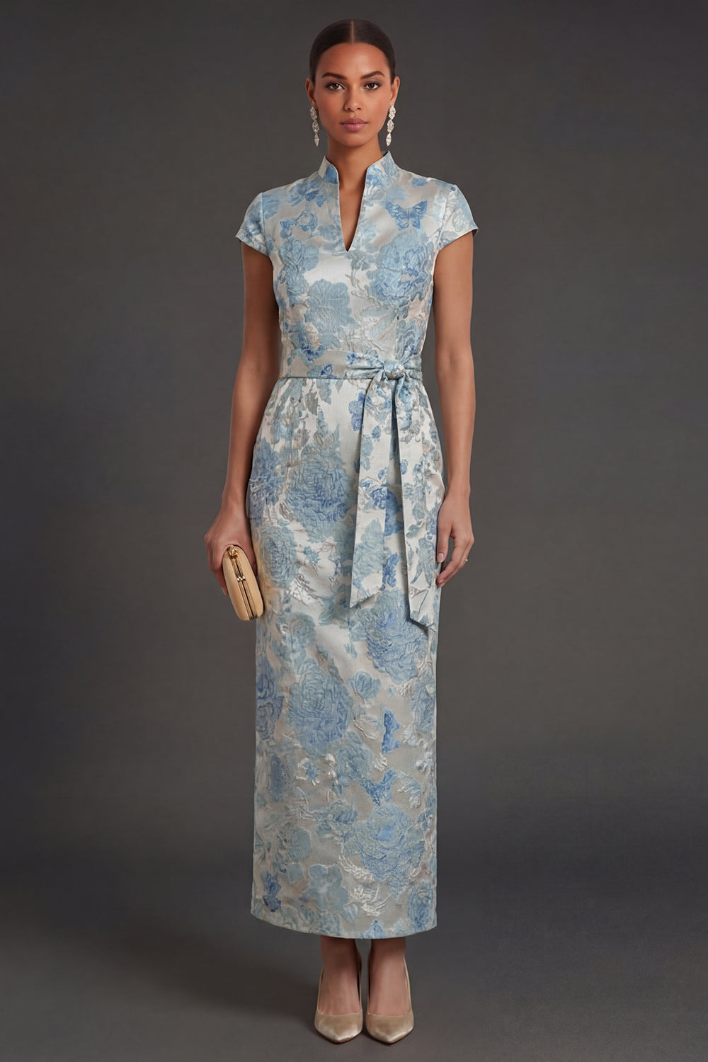 Leely Women Blue Floral Jacquard Sheath Long Wedding Guest Dress Sleeveless V Neck Gala Dress