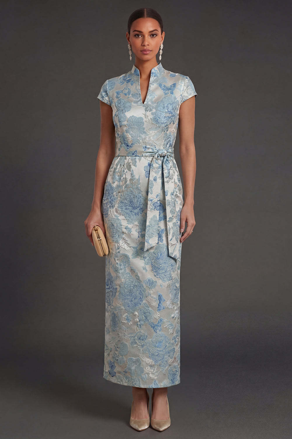 Leely Women Blue Floral Jacquard Sheath Long Wedding Guest Dress Sleeveless V Neck Gala Dress