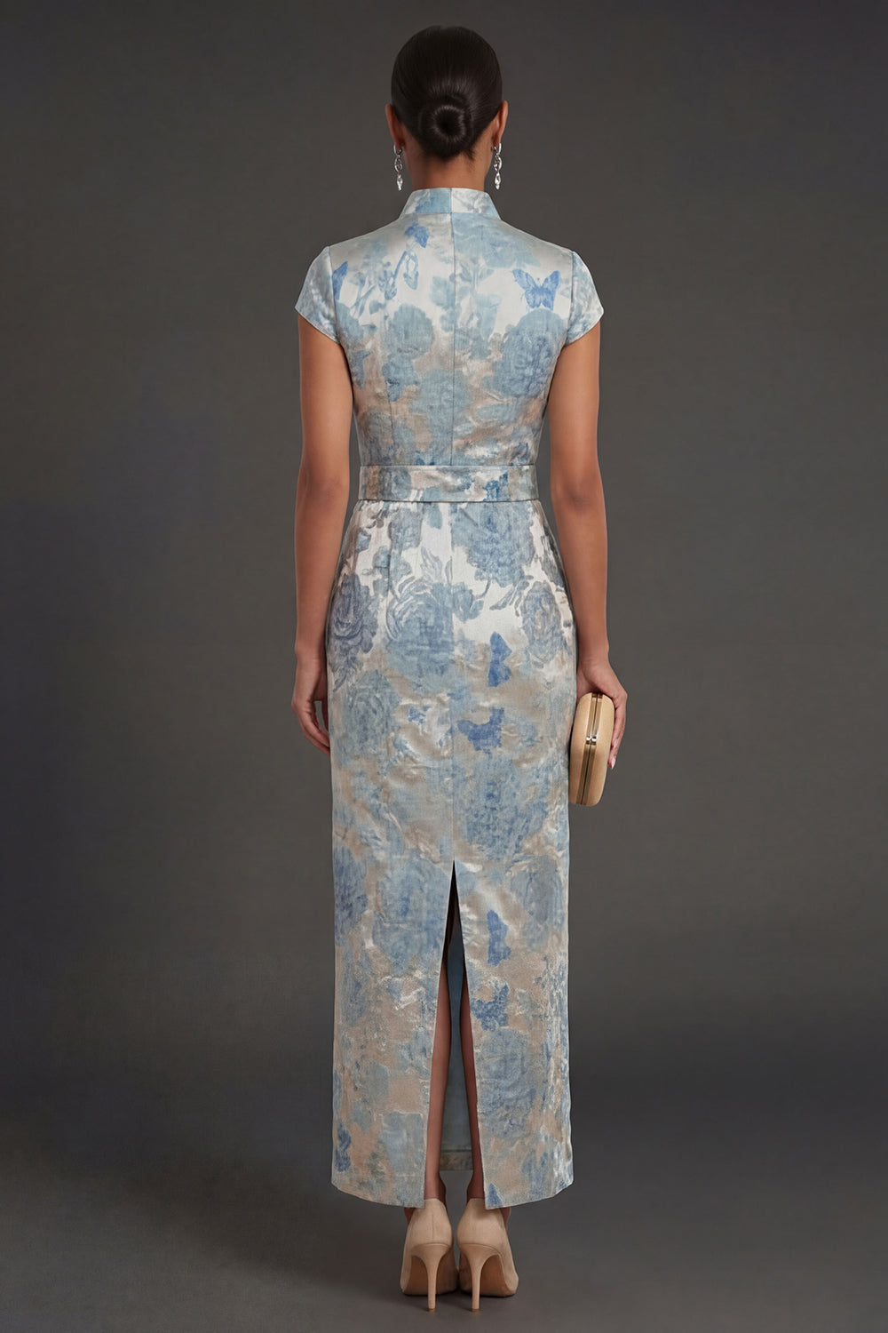 Blue Floral Jacquard V Neck Sheath Long Wedding Guest Dress